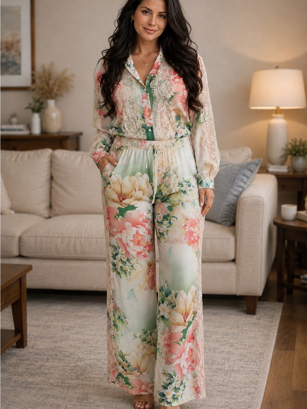 Johnny Was Ruksana Two-Piece Set Floral Lace-Trim Wide Leg Jumpsuit